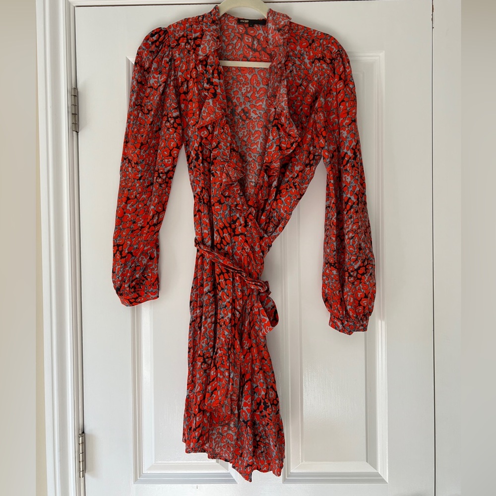 MAJE Wrap Dress Long sleeves Mini Leopard Print Size T1 / XS - Picture 2 of 5